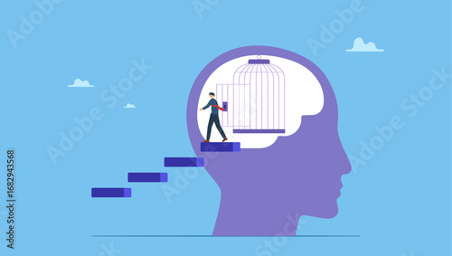 Confidence businessman walk out of cage in his head for freedom. Freedom, break free from prison of thinking, inspiration or think out of the box, psychology, mental therapy or emotional.