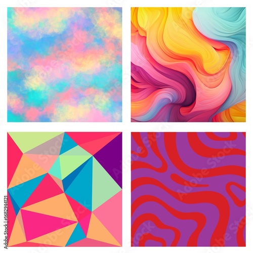 Abstract background with geometric shapes and colorful patterns, consisting of different blocks. Perfect for posters, packaging, textiles, social media templates, and digital design projects.