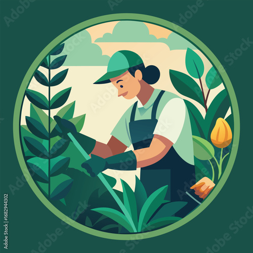 Gardener tending plants with tool woman gardening
