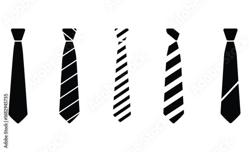 WebDiverse collection of five classic ties showcasing business formal wear with varied patterns and solid black designs, perfect for professional styling inspiration.
