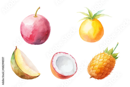 Tropical Fruit Watercolor Set with Mango, Dragon Fruit, and Coconut