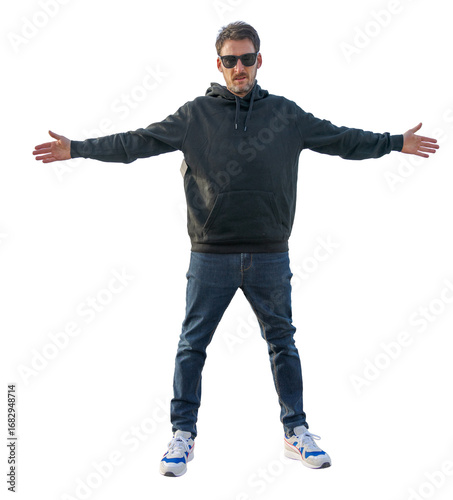 Man wearing sunglasses and hoodie opening arms on transparent background