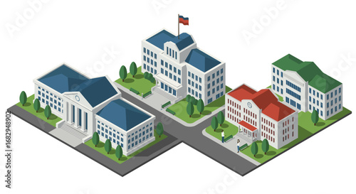 Modern urban government buildings in isometric view with flag and green surroundings