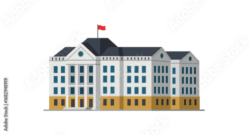 Classic government building with flag in flat design