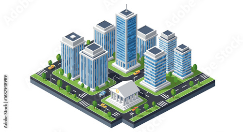 Modern isometric cityscape with skyscrapers and urban streets