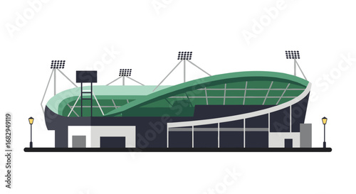 Modern flat design sports stadium with green roof and lighting towers