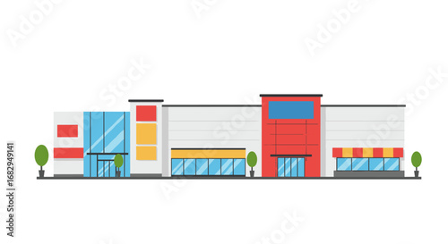 Modern shopping mall facade with minimal flat design