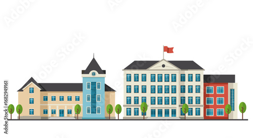 Colorful urban school building facade with trees and flags in modern flat style
