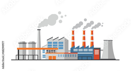 Industrial plant with smokestacks emitting smoke in flat design style