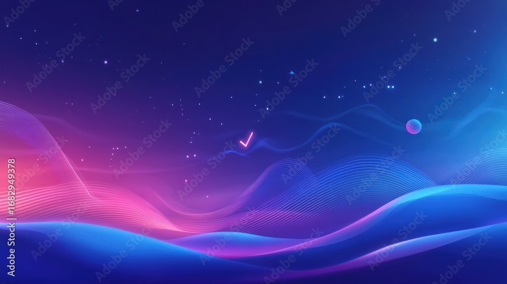 Fototapeta premium Abstract digital art depicting glowing, undulating waves of pink and blue, set against a dark, starry backdrop