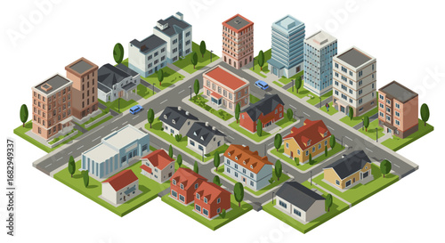 Isometric cityscape with buildings and streets in urban neighborhood scene