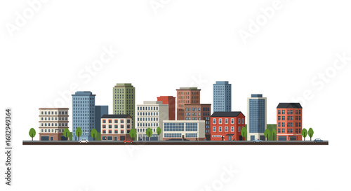 Colorful urban cityscape with diverse building heights and designs