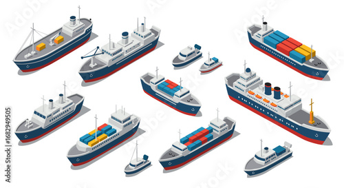 Isometric ships collection featuring cargo and passenger vessels in various arrangements