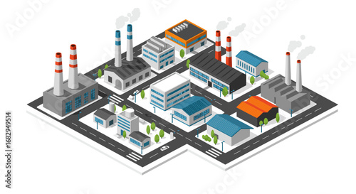 Isometric factory and industrial zone with roads and buildings