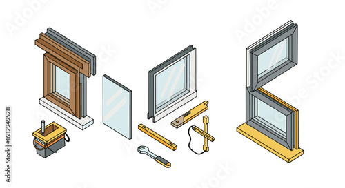 Isometric window installation guide with tools and materials