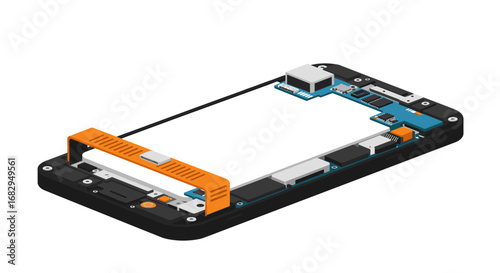 Isometric smartphone repair with internal components and circuitry