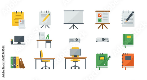 Office and school supply icons featuring flat design elements for digital and print use