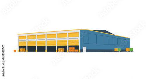 Modern industrial warehouse with loading docks and cargo containers