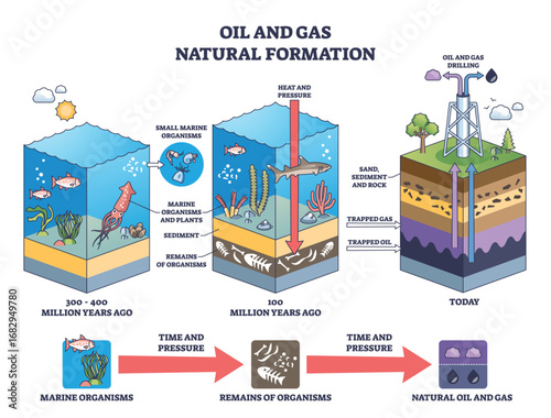 Oil and gas natural formation is shown stepwise from marine organisms to trapped resources and drilling, highlighting layers, pressure, and remains. Outline diagram