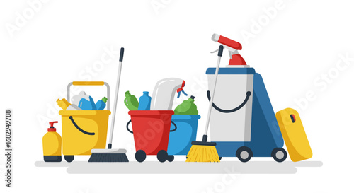 Cleaning tools in flat style: brooms, buckets, and supplies set against a white background