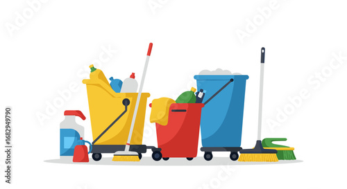 Variety of cleaning supplies on wheels in modern flat design