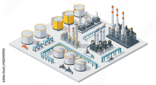 Isometric industrial complex with oil refinery and storage tanks