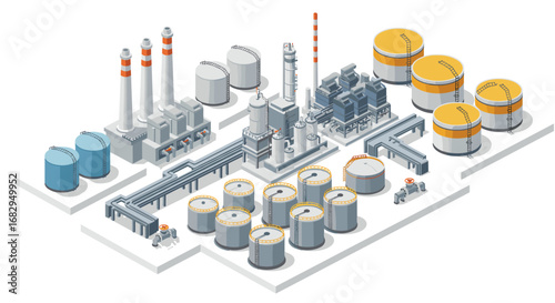 Isometric industrial plant design with storage tanks and pipelines