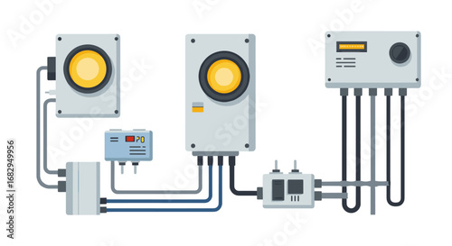 Isometric electrical control equipment with detailed wiring and switches