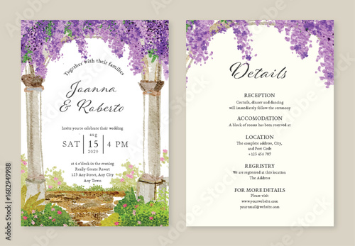 Watercolor Floral Arch Wedding Invitation Card with Purple Wisteria Design