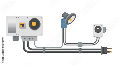Modern industrial control system with cables and components in flat design