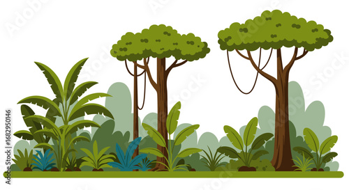 Lush tropical forest with dense foliage and tall trees in flat style