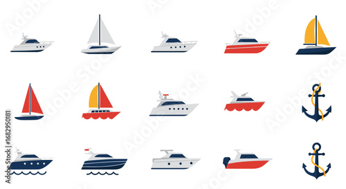 Nautical flat style yacht collection with anchors and sailboats