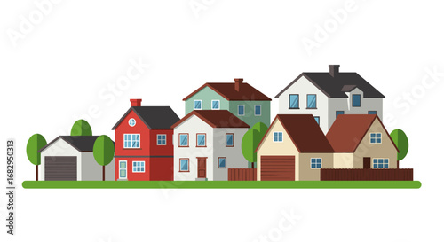 Charming suburban neighborhood with colorful houses and green trees