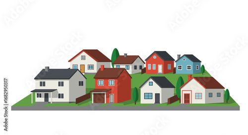 Charming neighborhood with colorful houses on green hillside