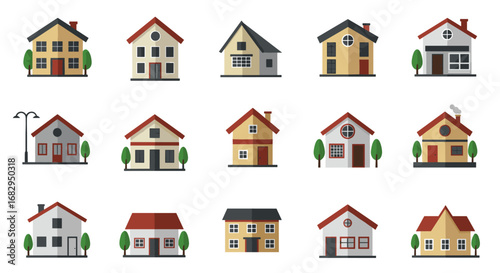 Charming residential homes collection in flat design with diverse architectural styles
