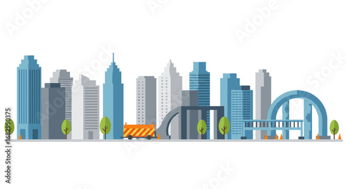 Modern urban cityscape with skyscrapers and road in flat design