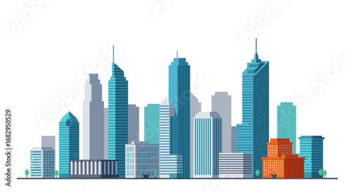 Modern flat cityscape with skyscrapers and urban skyline in blue tones