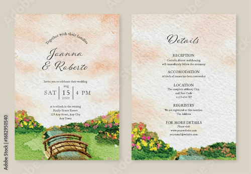 Elegant Watercolor Wedding Invitation Card with Landscape and Floral Details