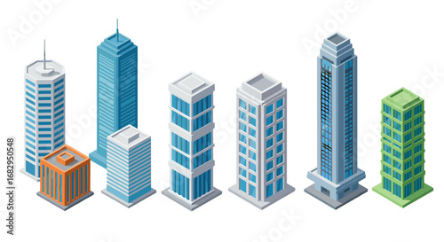 Isometric skyscrapers with modern geometric designs for urban skylines