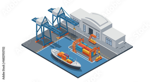 Isometric shipping port with cargo ship and containers in modern design