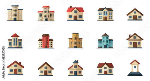 Collection of diverse residential and urban building icons in flat style