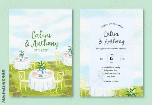 Watercolor Artistic Wedding Invitation Card Template with Garden Party Scene