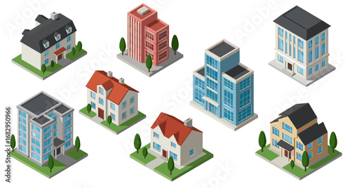 Isometric collection of residential and office buildings with trees