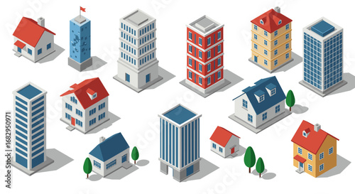 Diverse collection of isometric buildings with red and blue roofs in urban and suburban settings