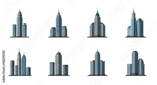 Modern skyscraper collection: set of eight detailed urban buildings