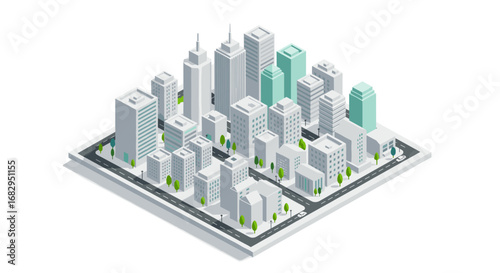 Modern isometric cityscape with highrise buildings and streets
