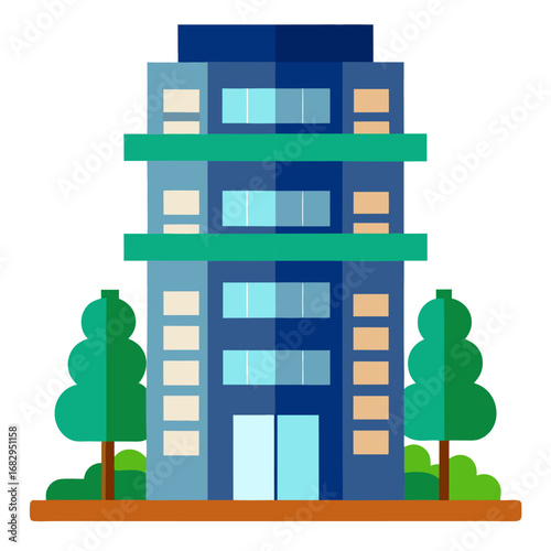 Modern apartment building with balconies and trees vector on white background.