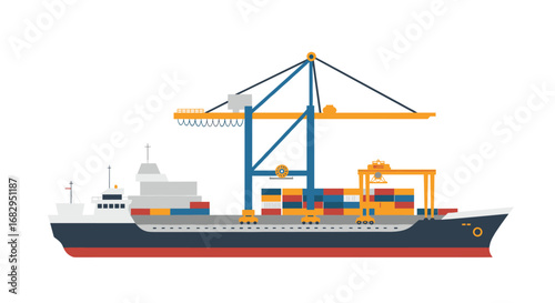 Cargo ship with shipping containers and crane in flat design