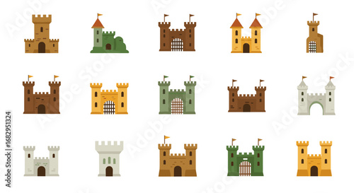 Icon set of medieval castles in flat style with varied colors and designs