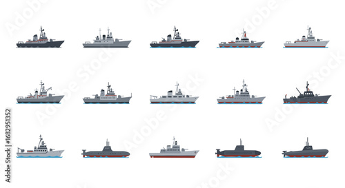 Set of naval ships and submarines in flat design